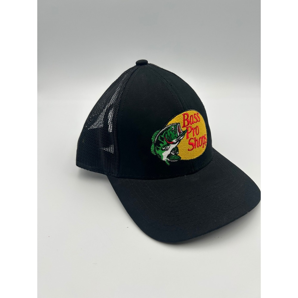 Bass Pro Shops Black Mesh Back Trucker Hat Snapback Fishing Cap Logo Embroidered